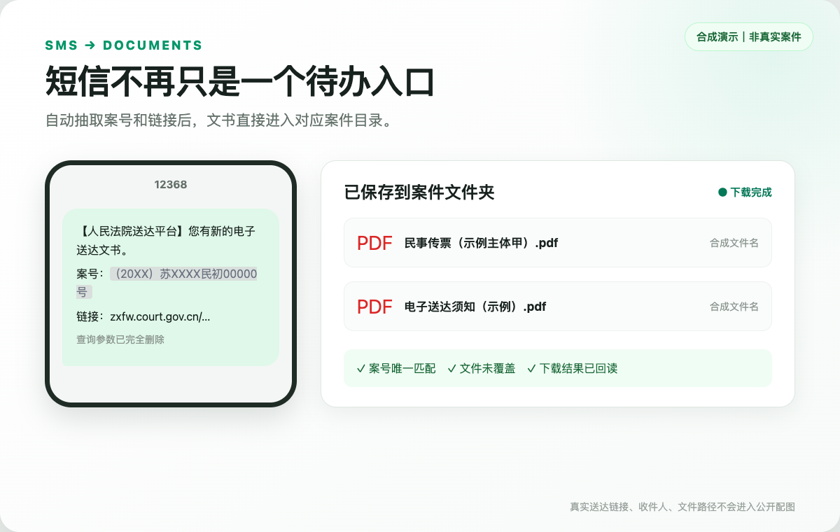 从合成 12368 短信提取案号并保存示例 PDF 的功能示意